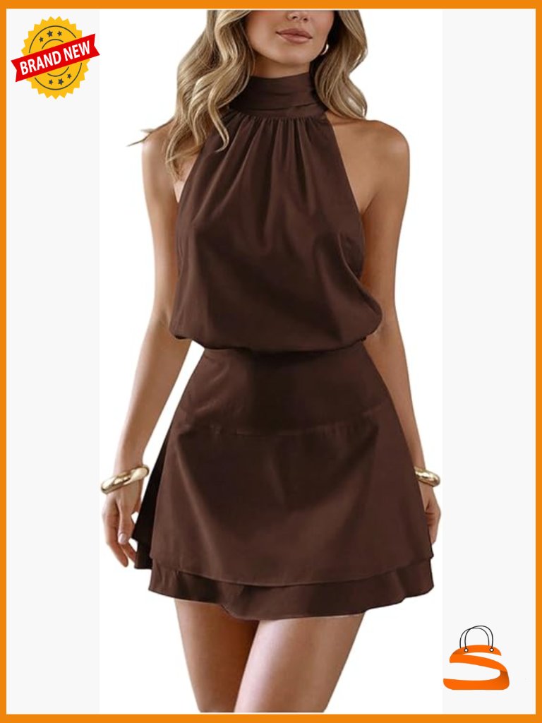 Mock Neck Halter Mini Dress A Line Flowy Layered Party Dress